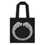 A black tote bag featuring Cartier's twin-headed diamond panther bangle. 