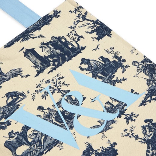 A close up of the V&A logo printed in pastel blue.