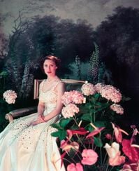 Princess Margaret surrounded by anthuriums, hydrangeas and foxgloves