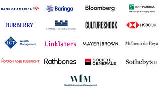 Logos for Bank of America, Baringa, Bloomberg, BNP Paribas, Burberry, Citadel, CultureShock, HSBC UK, LGT Wealth Management, Linklaters, Mayer Brown, Mishcon de Reya, Norton Rose Fulbright, Rathbones, Societe Generale, Sothebys, W1M