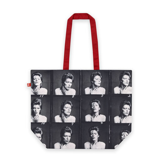 Large tote bag with broad handles, a contrasting red interior and an internal pocket, all in durable heavyweight cotton. Featuring the many faces of the mercurial Ziggy Stardust, a photo taken by Japanese photographer Masayoshi Sukita