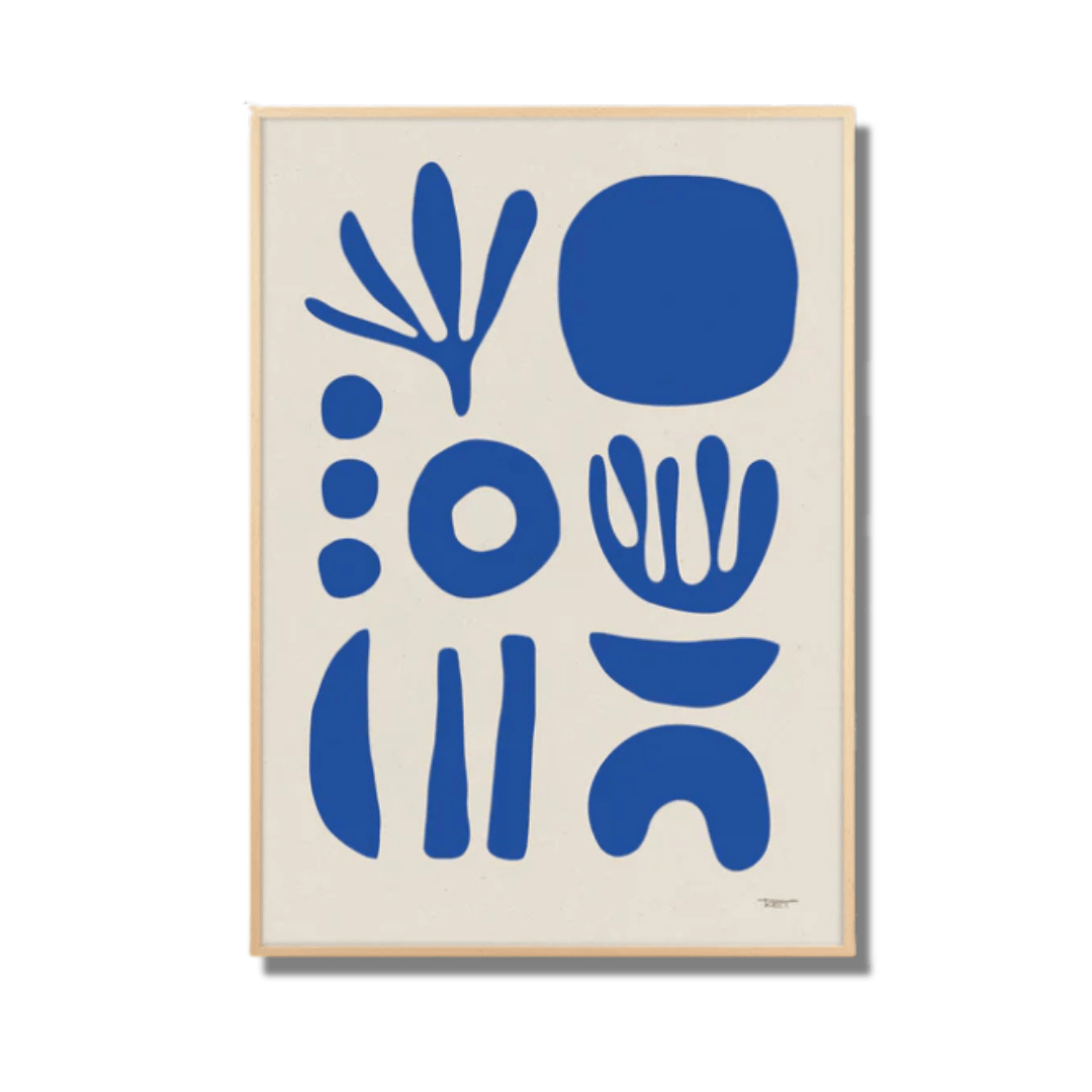 A print with bright blue shapes on a white background